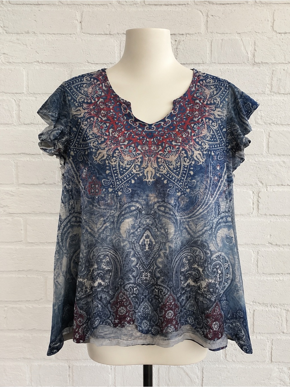 Women's Printed Ruffle Sleeve Top - Blue Multi